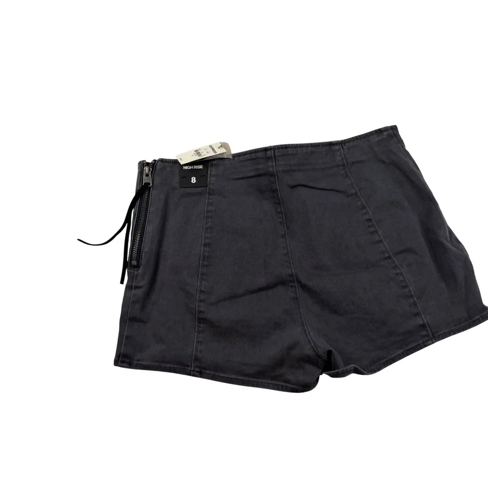 Express High Rise Seamed Denim Shorts Charcoal Gray Side Zip Tassel Size 8 NEW